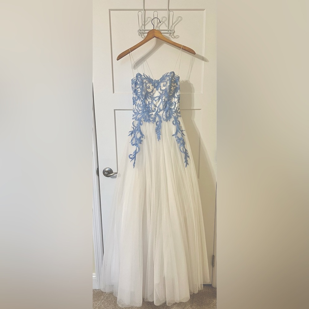 White and Blue Rhinestone-Applique Prom Dress/Ballgown